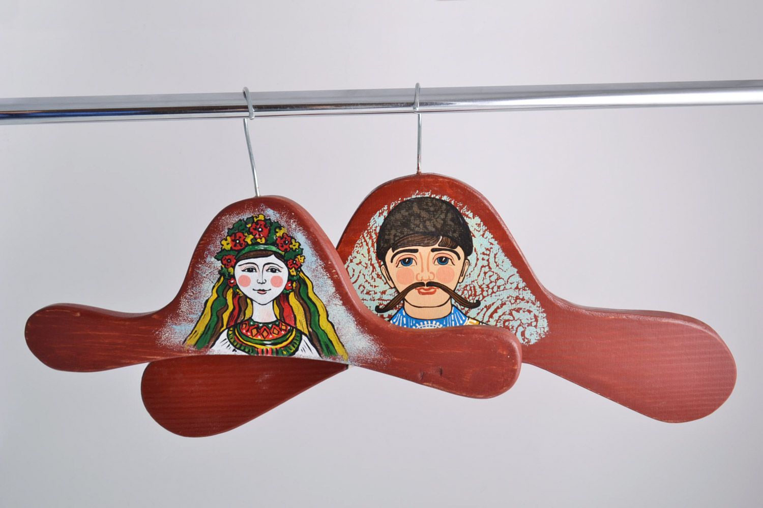 Set of 2 handmade wooden clothes hangers with ethnic painting for him and her photo 1