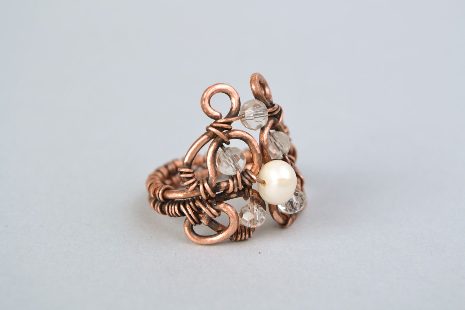 Handmade wire wrap copper ring with natural pearl and Czech crystal for women photo 4