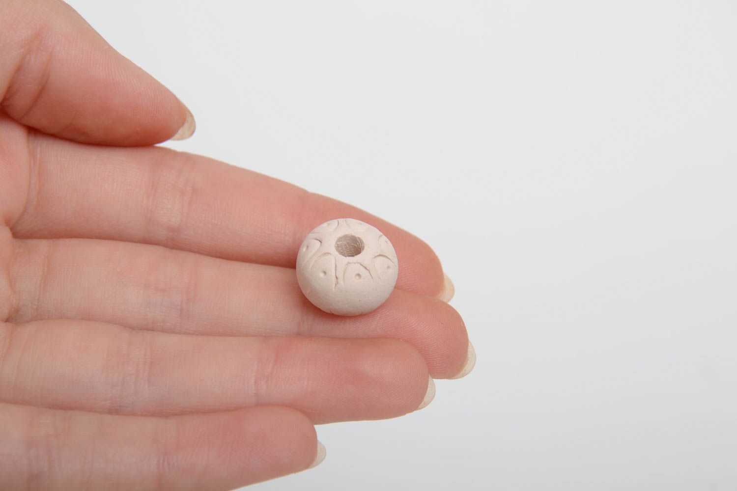Unusual handmade round white clay bead with pattern  photo 5