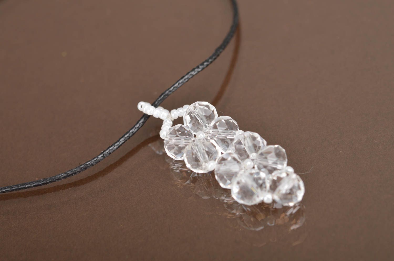 Beautiful transparent handmade design neck pendant woven of Czech crystal beads photo 2