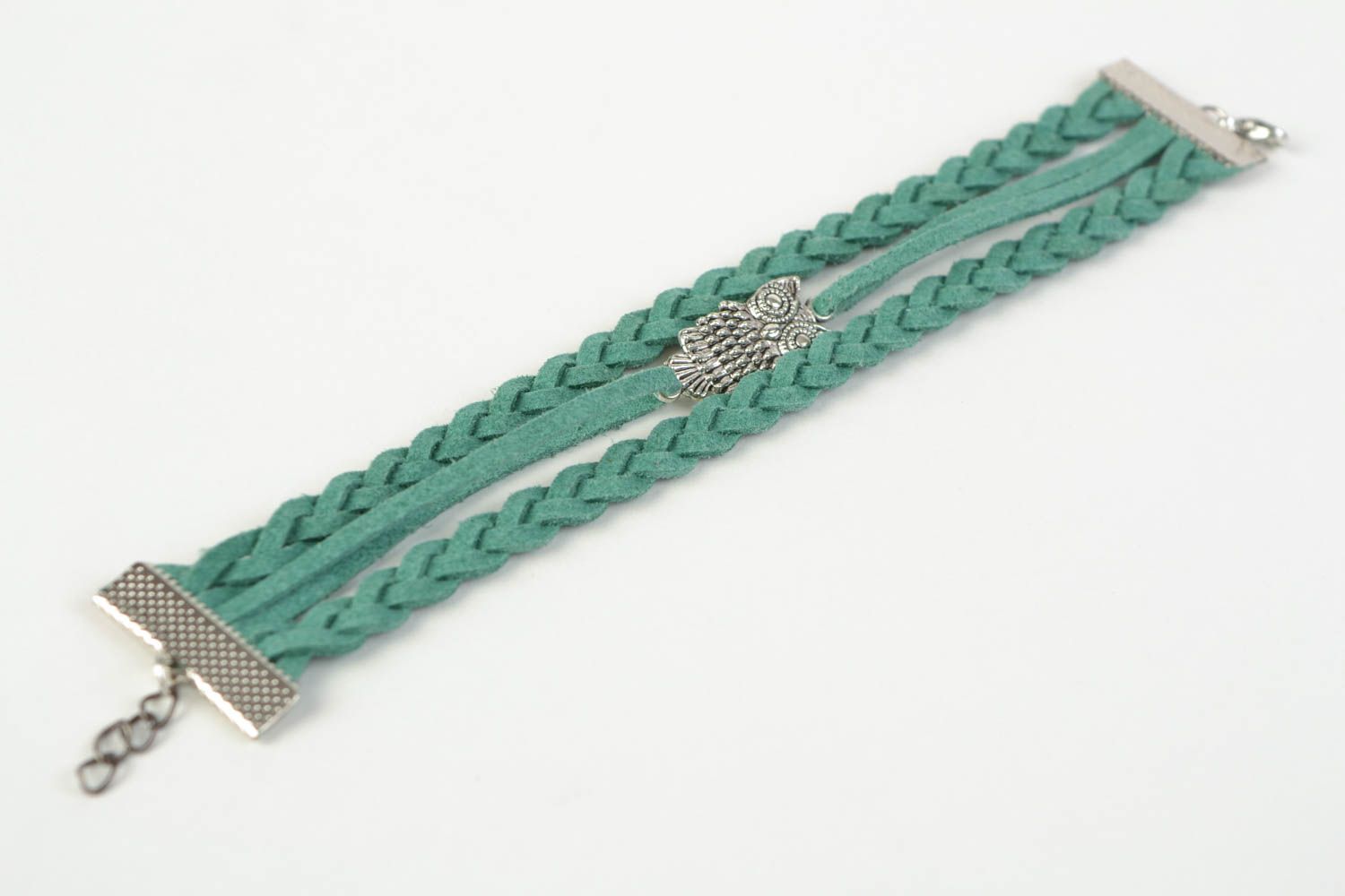 Green handmade woven suede cord bracelet with charm in the shape of owl photo 5