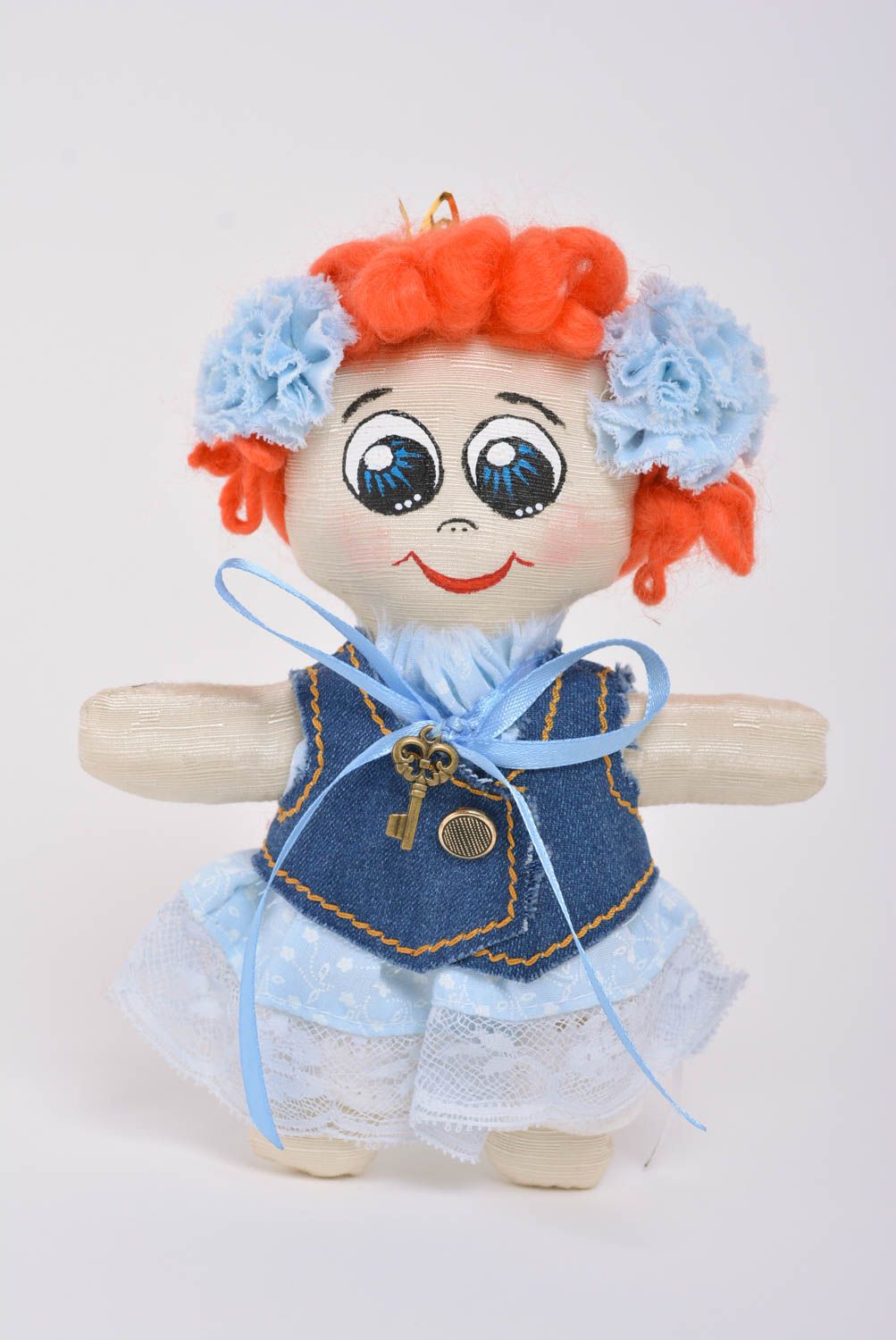Beautiful funny handmade small fabric soft doll in dress for children photo 1