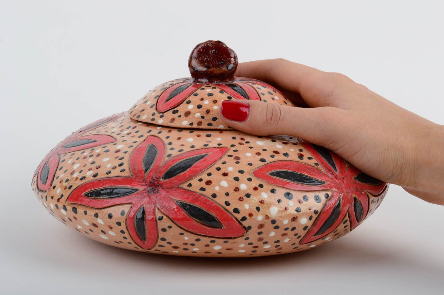 Handmade Keramik Topf mit Deckel originell bemalt Ton Geschirr Küchen Deko  foto 2