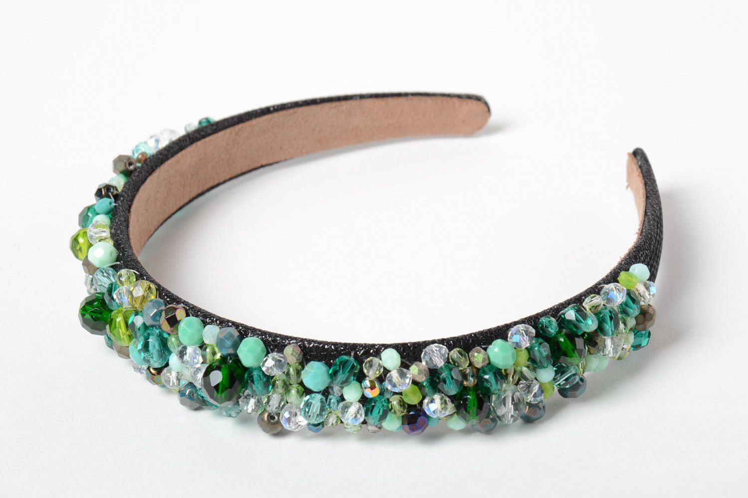 Festive handmade leather headband with beads of green color photo 2