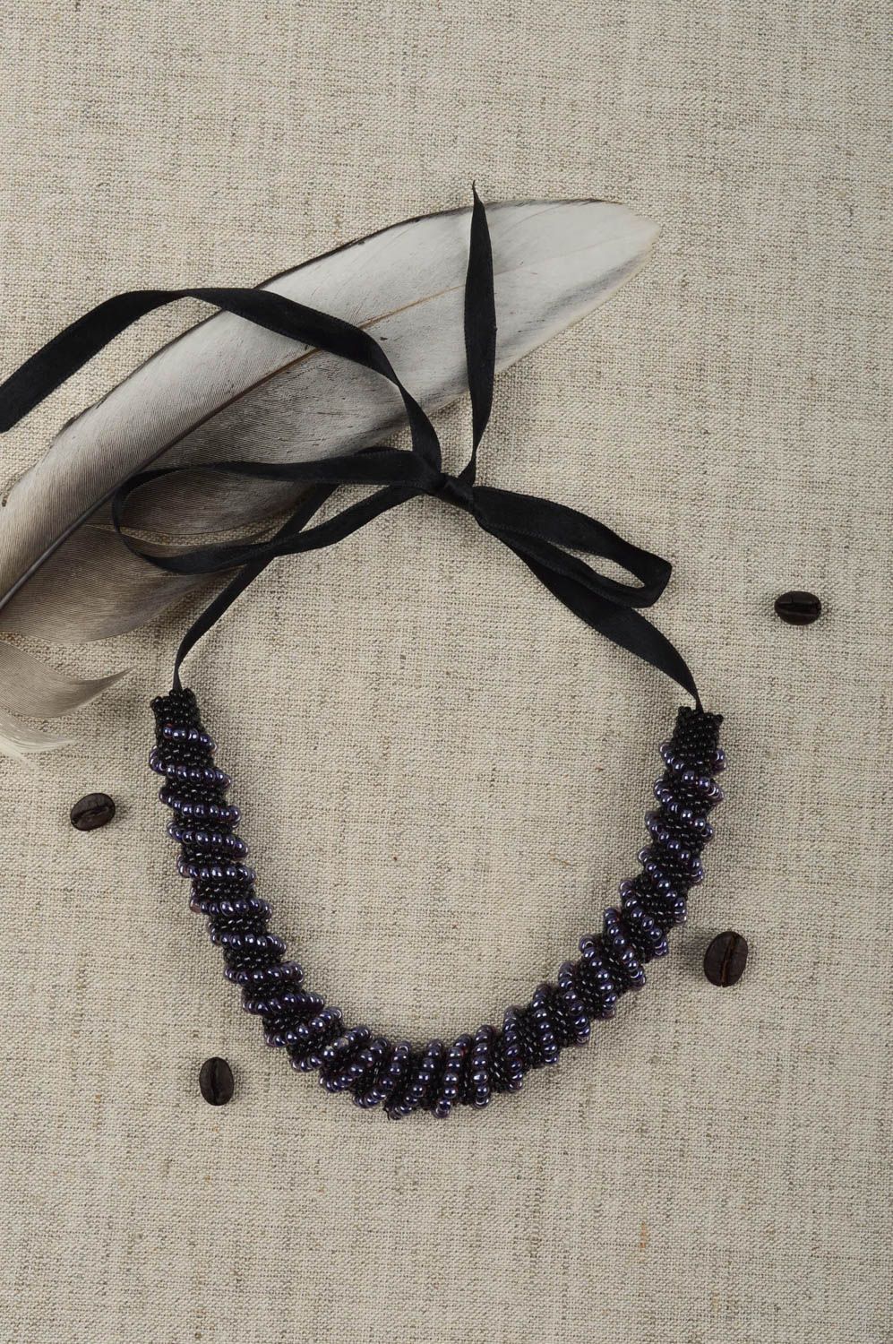Handmade black elegant necklace unusual beaded necklace evening jewelry photo 1