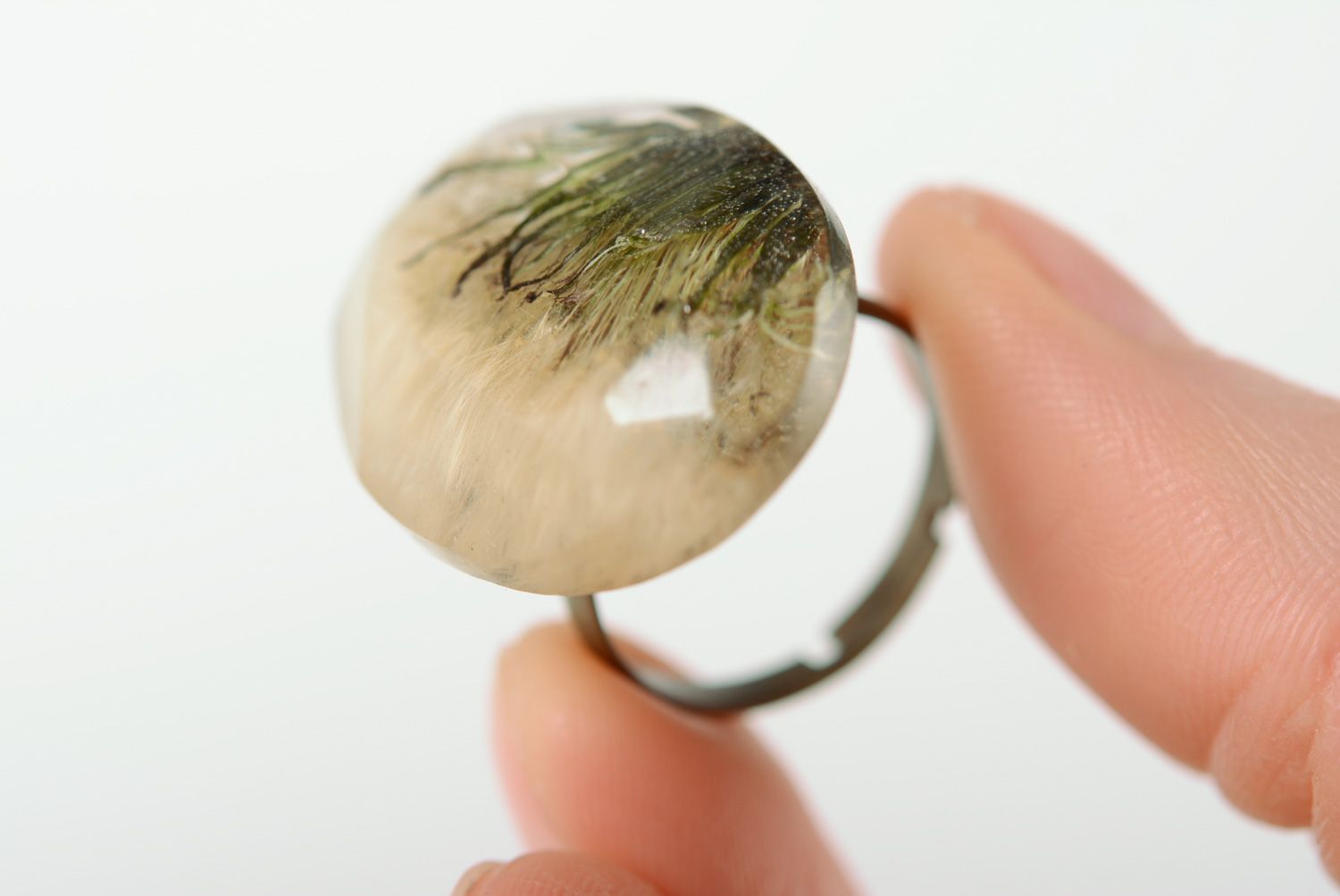 Handmade transparent botanical ring with real dandelion flower in metal frame photo 2