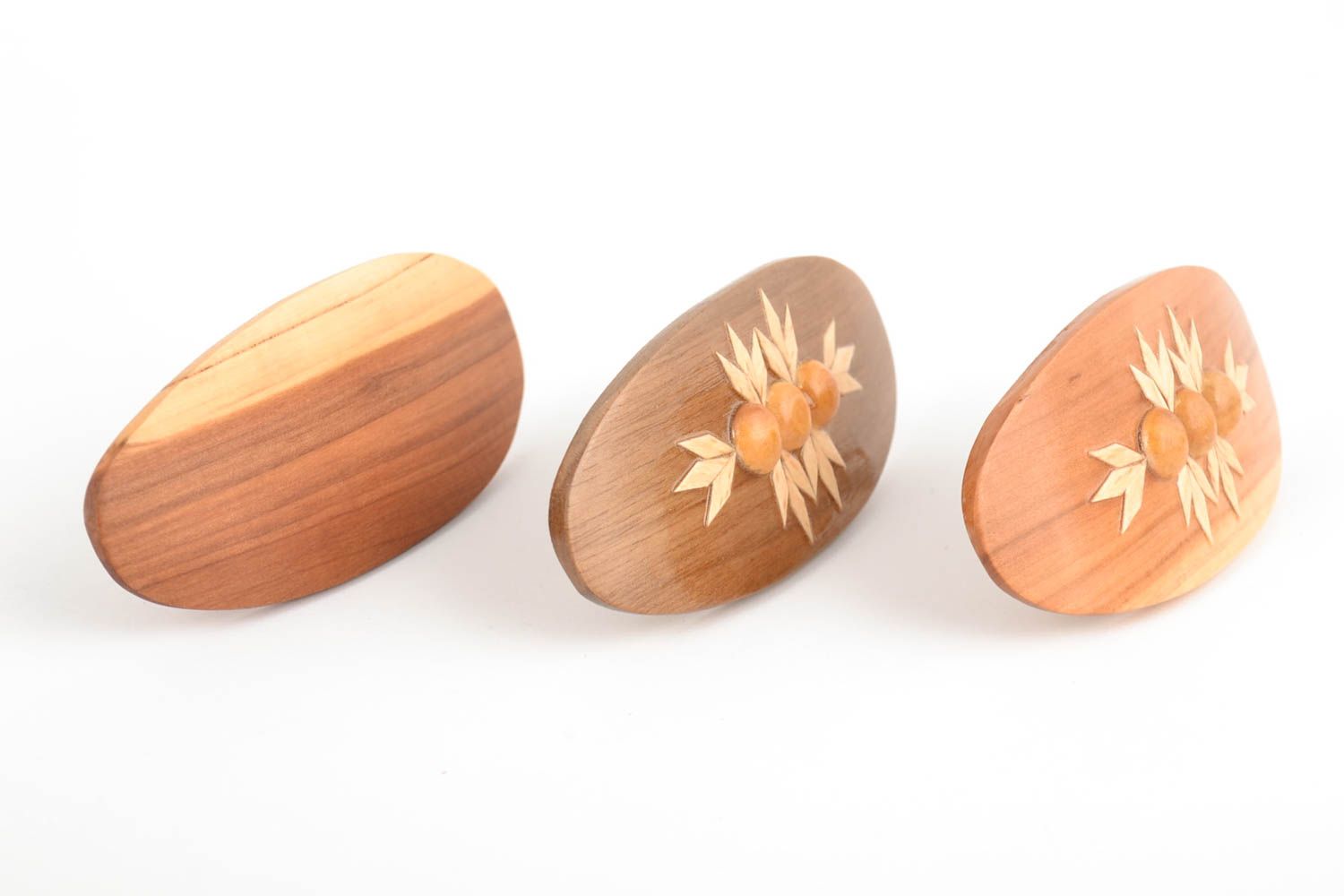 Ovale braune Damen Haarspangen aus Holz mit Muster handmade Set 3 Stück foto 4