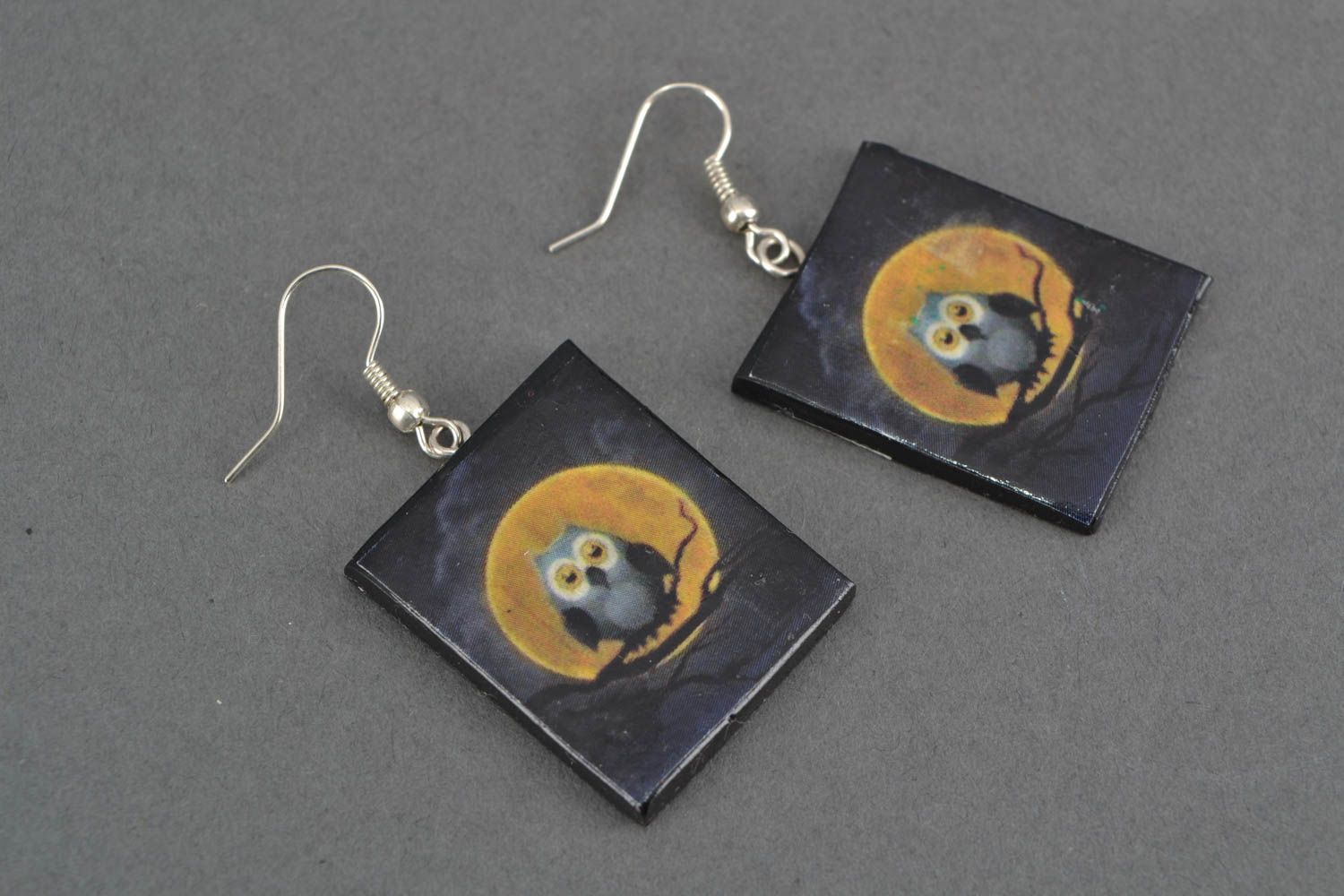 Polymer clay earrings with dark owls photo 3