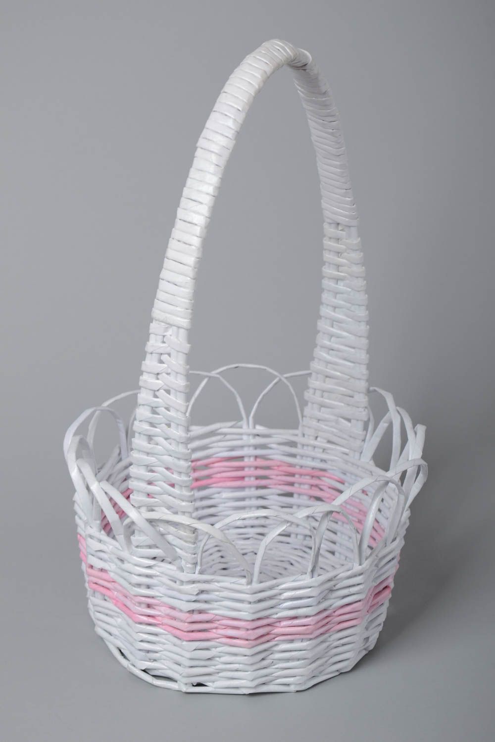 Handmade basket created of paper tubes white with a large handle for home photo 3