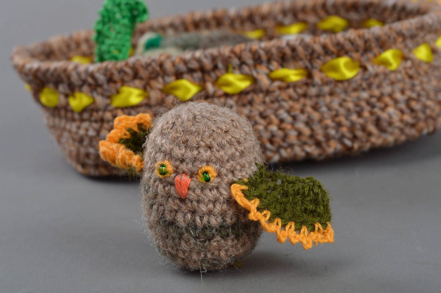 Unusual tiny handmade designer soft toy crocheted of half-woolen threads photo 3