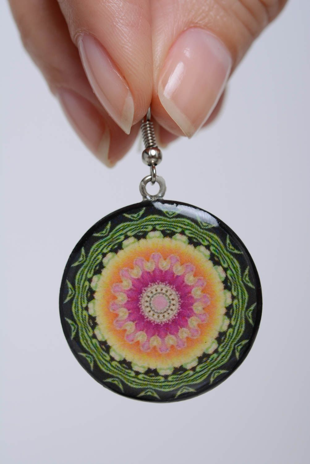 Handmade colorful patterned polymer clay round dangling earrings with decoupage  photo 3