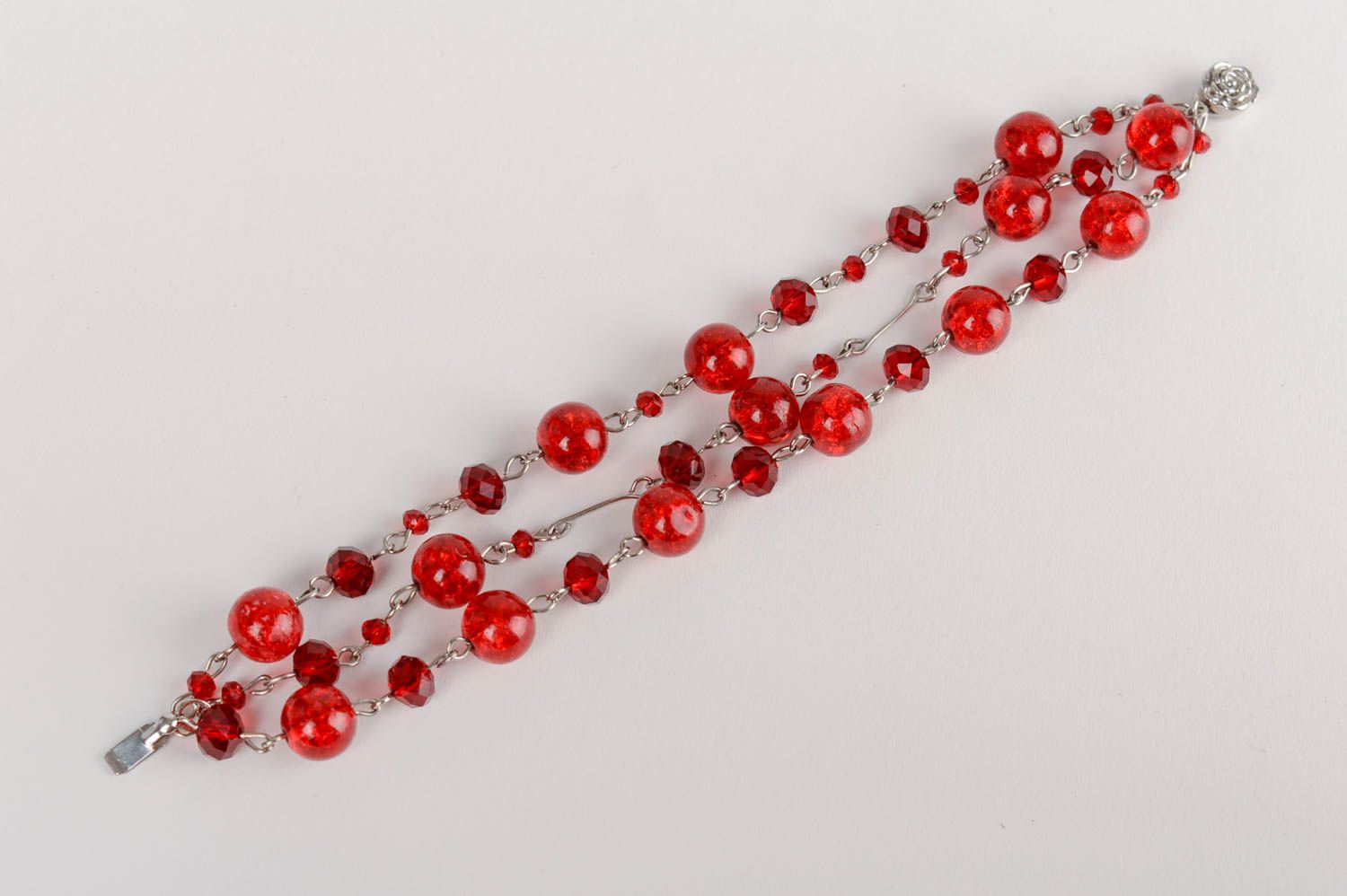 Handmade multi row wrist bracelet with red Venetian glass and Czech crystal  photo 3