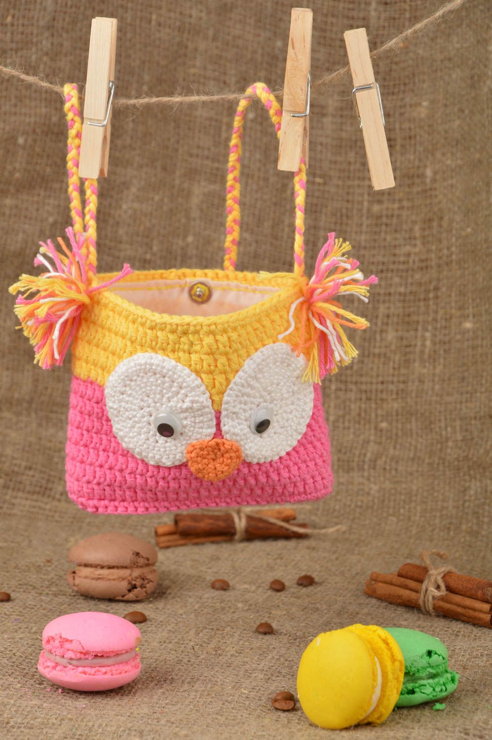Handmade crocheted beautiful yellow and pink bag for kids in shape of owl photo 1