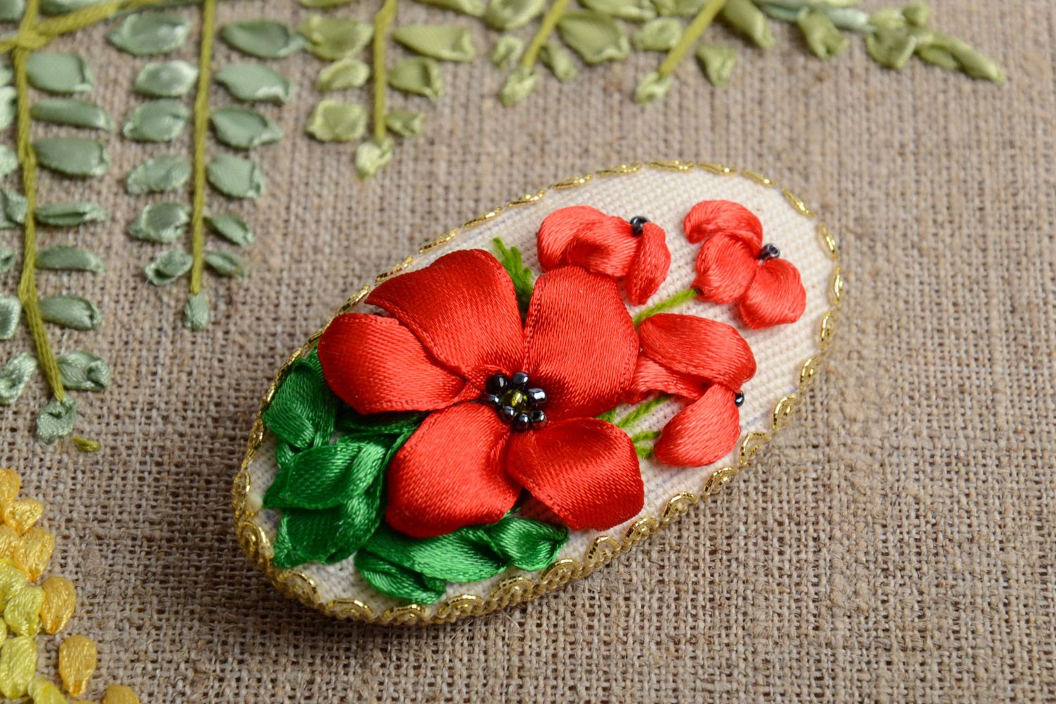 Handmade oval textile brooch with flowers satin ribbon embroidery Poppies photo 1