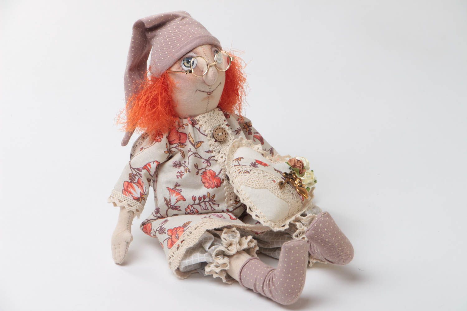 Handmade designer fabric soft doll angel with ginger hair and soft heart photo 2