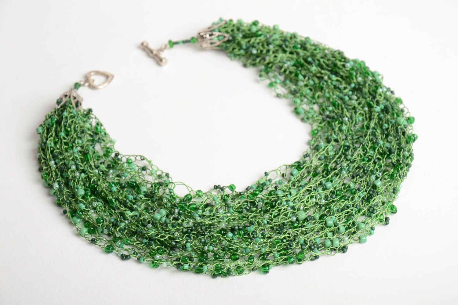Handmade designer crocheted beaded necklace in green color palette for women photo 3
