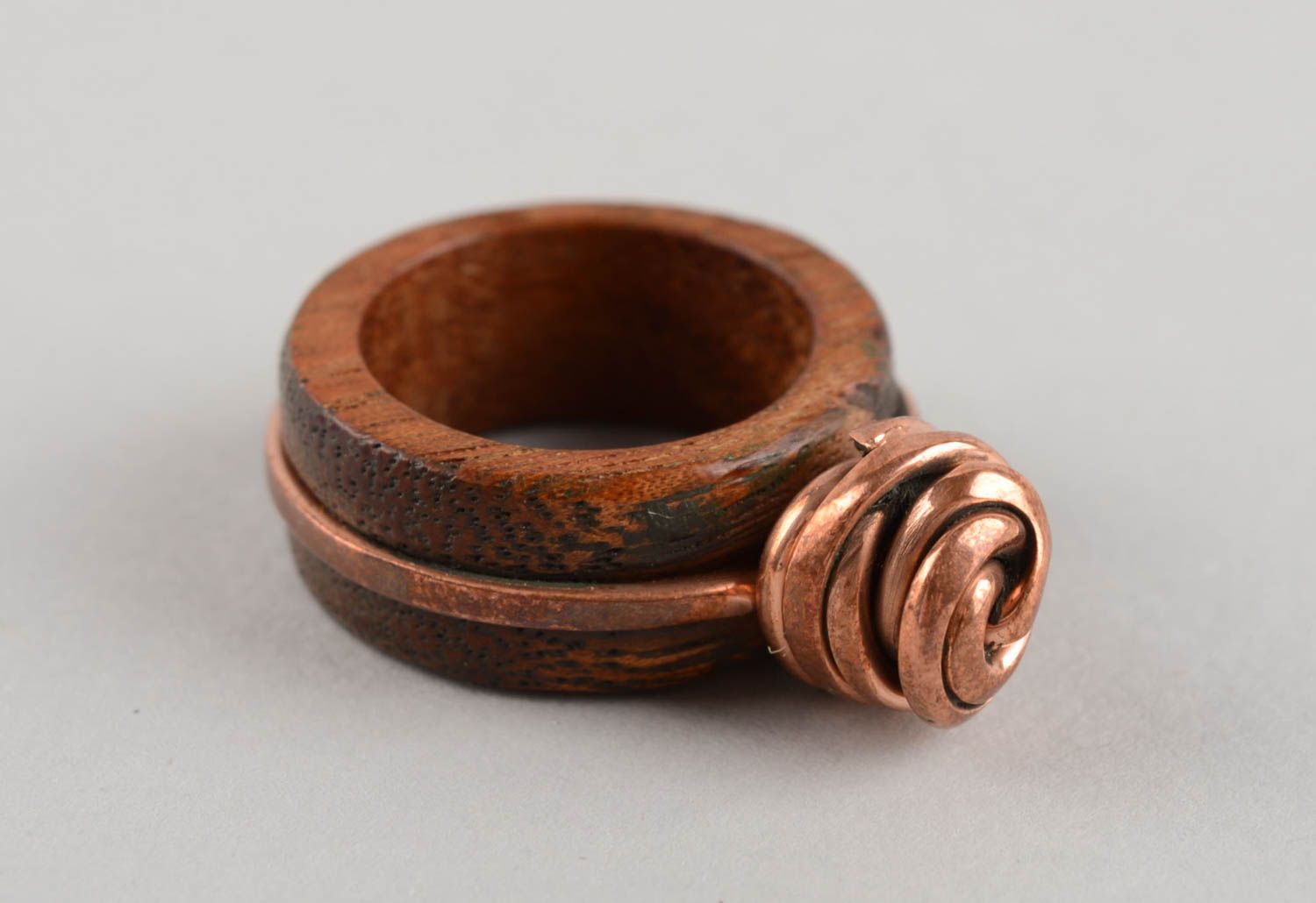 Extravagant cute jewelry handmade ring made of copper and wood for women photo 2