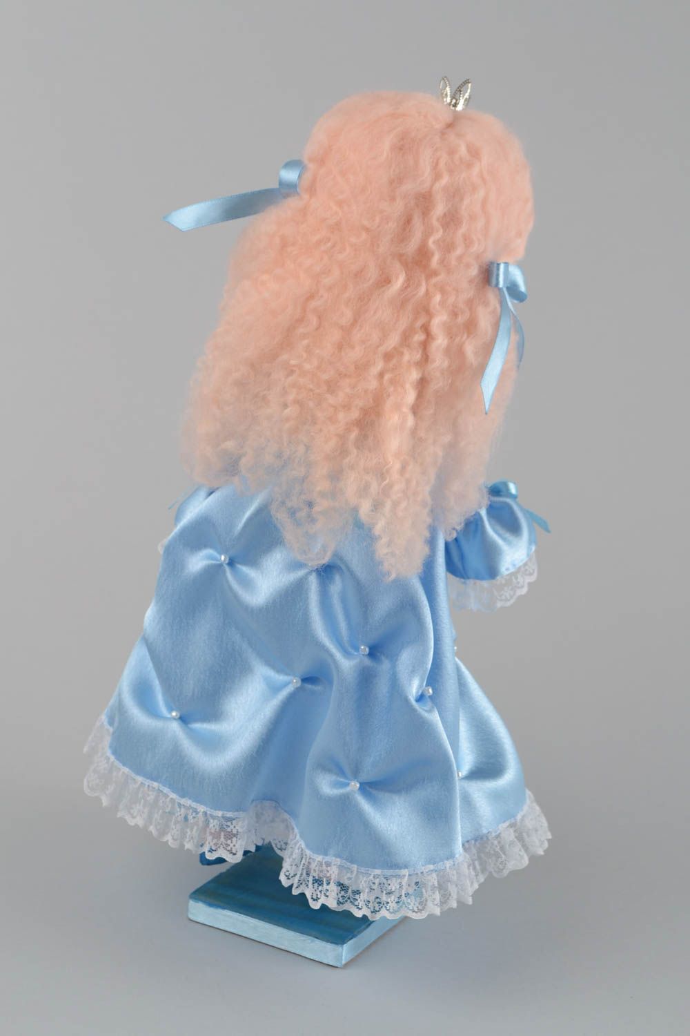 Handmade designer interior fabric soft doll Princess in blue satin dress photo 5