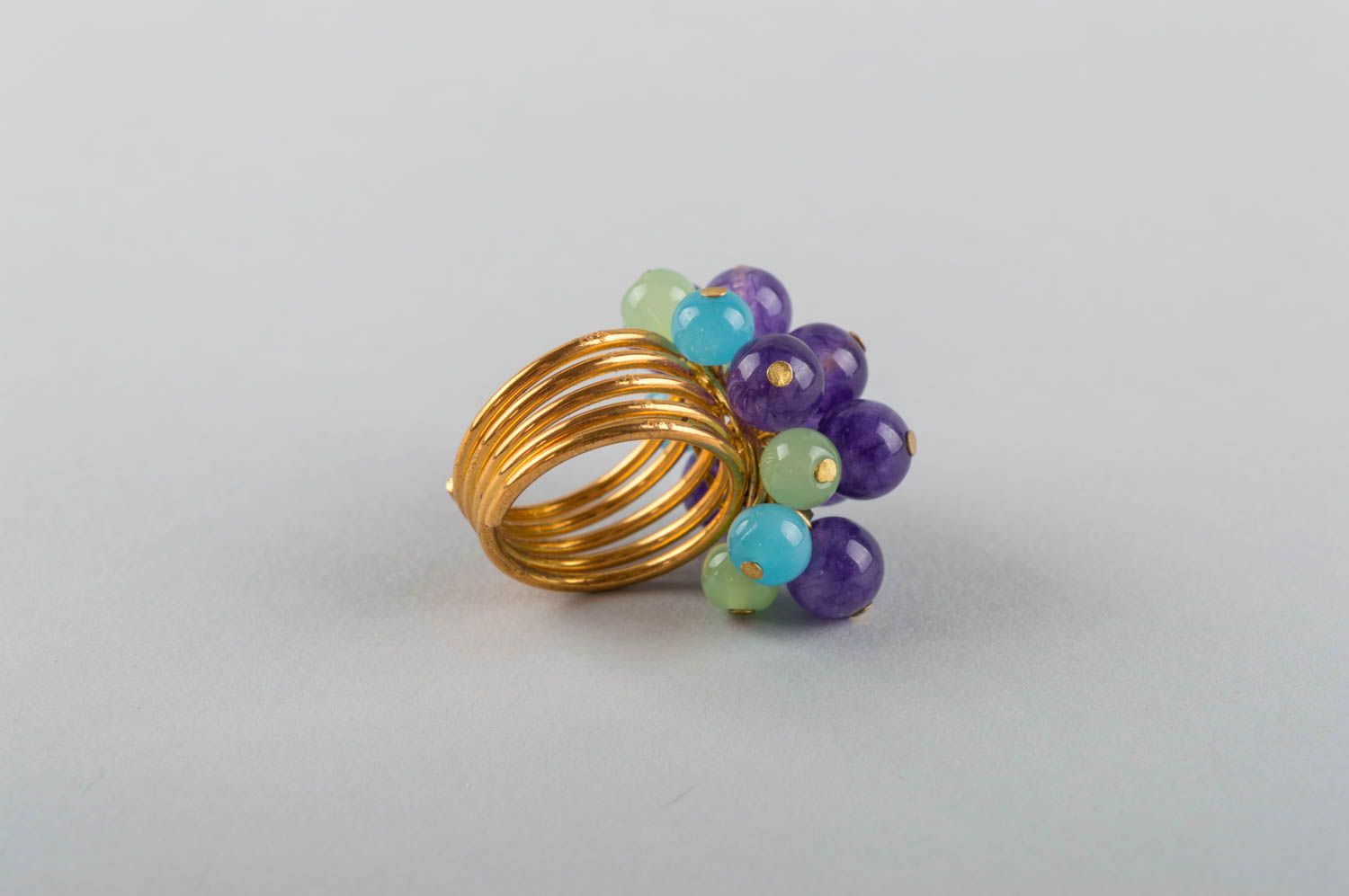 Handmade jewelry ring with latten basis and natural stone beads in blue colors photo 5