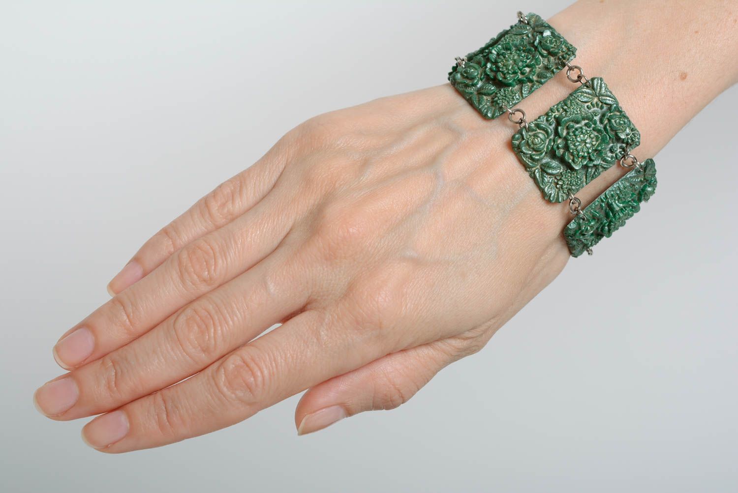 Bracelet en pâte polymère perles rectangulaires fait main vert large original photo 6