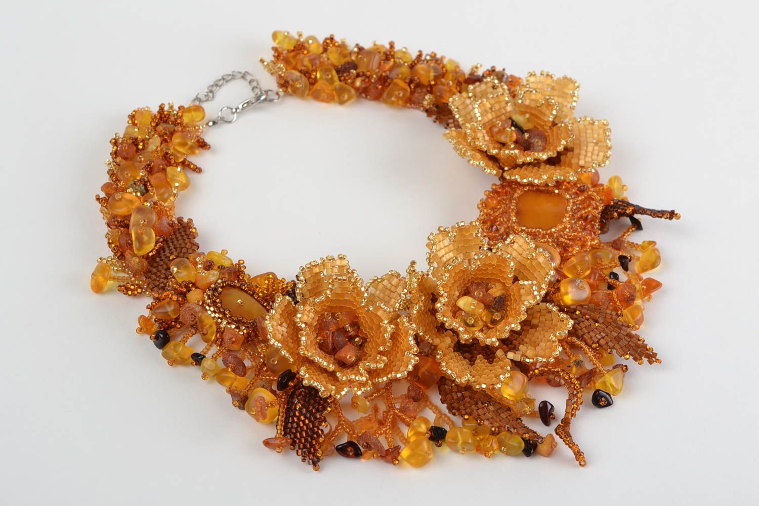 Handmade fall necklace made of beads and natural stones of amber color photo 2