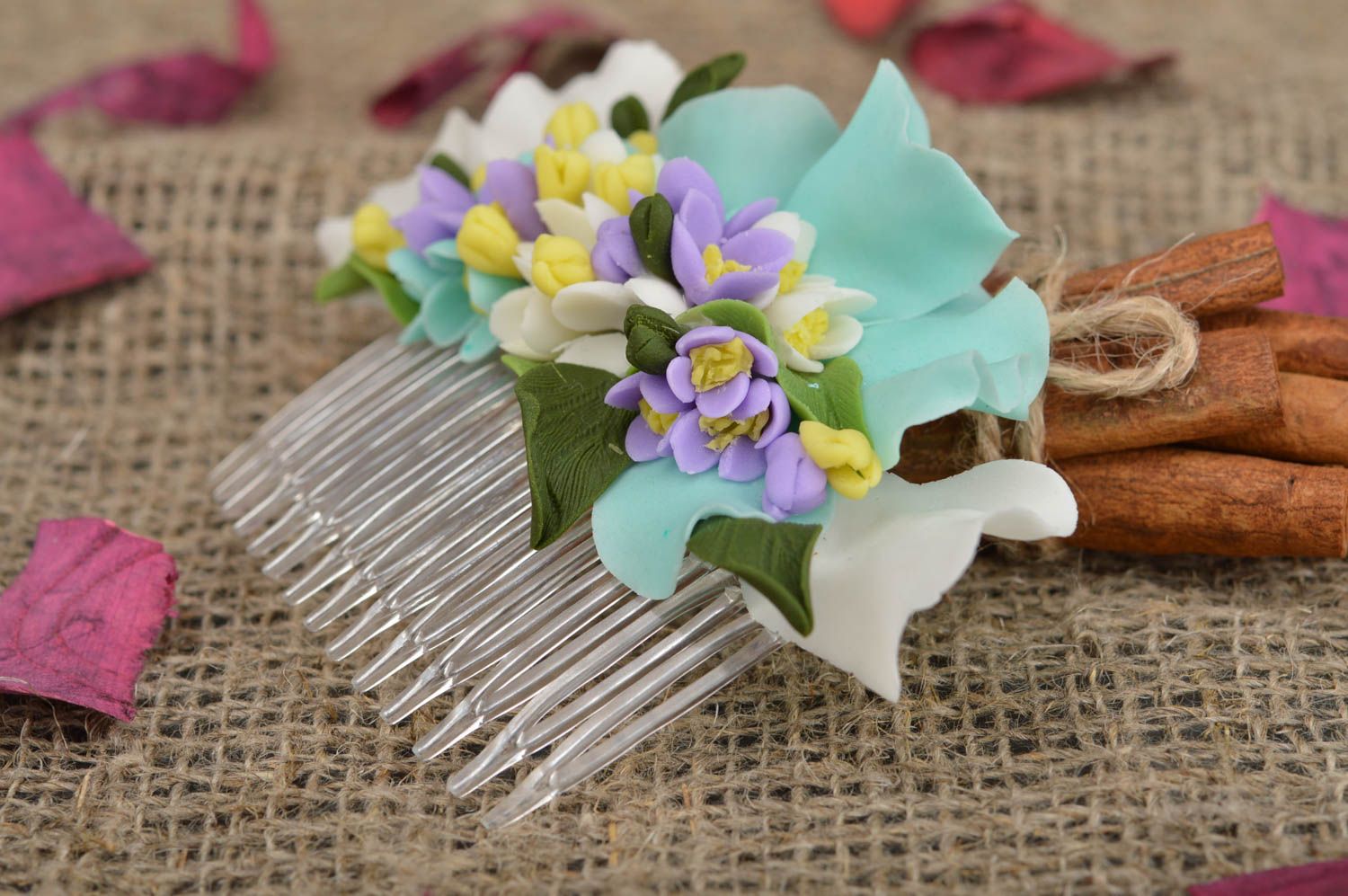 Handmade decorative hair comb with plastic basis and polymer clay tender flowers photo 1