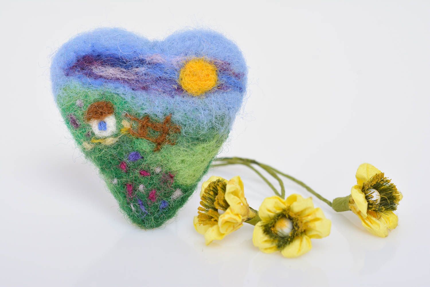 Handmade designer heart shaped soft brooch felted of wool with landscape photo 1