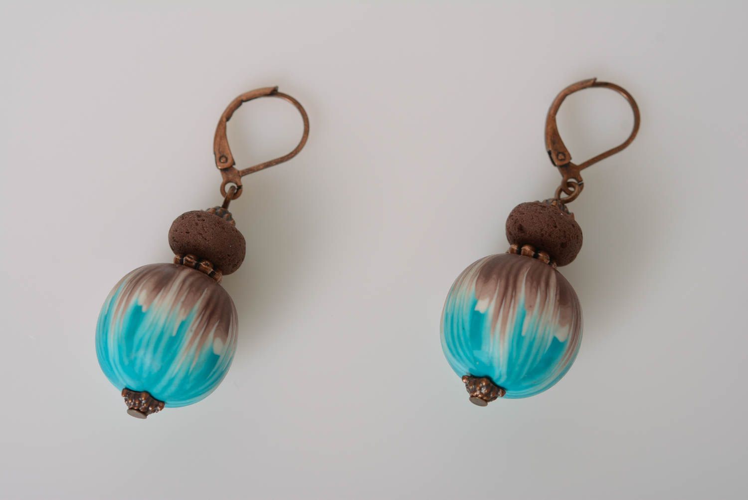 Designer brown and blue ball shaped polymer clay dangle earrings handmade photo 1