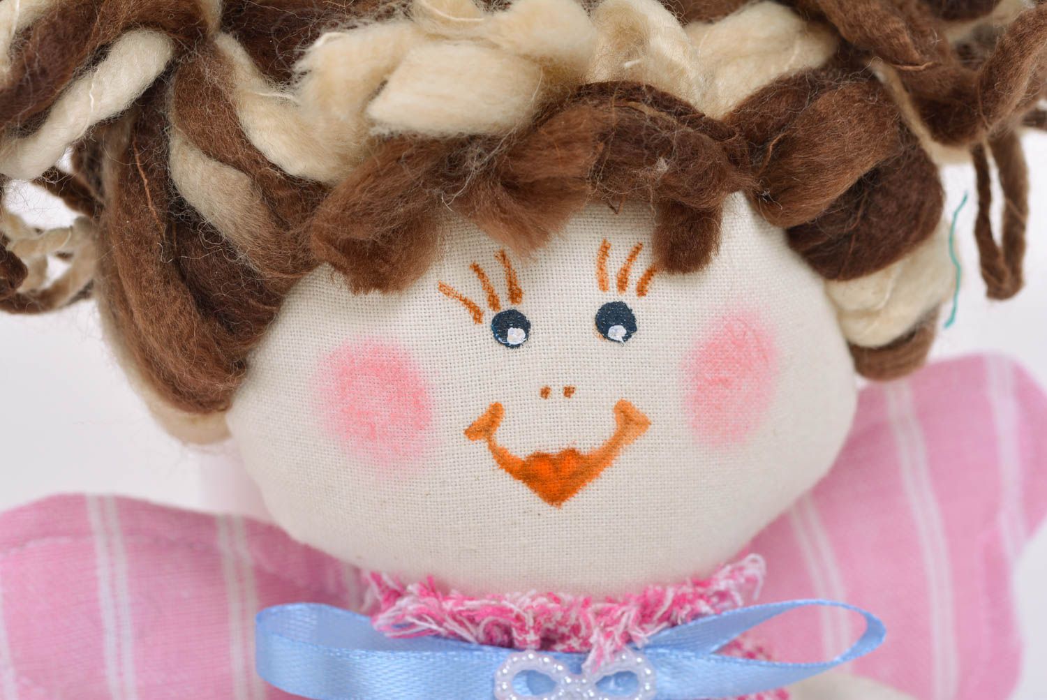 Beautiful small handmade fabric soft doll in pink dress for children photo 2