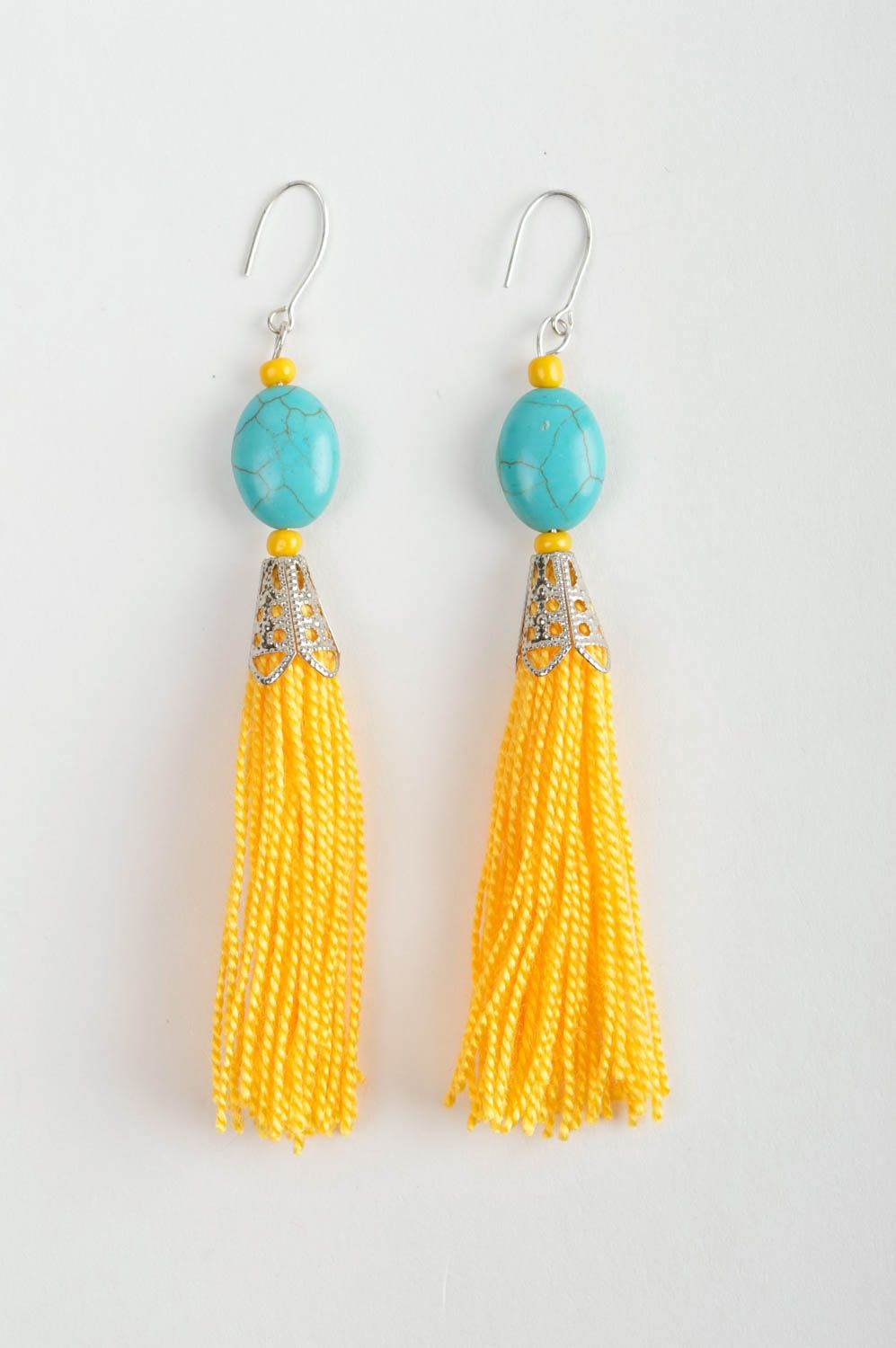 Boucles d'oreilles Collier fait main jaune bleu ciel Bijoux fantaisie textiles photo 5