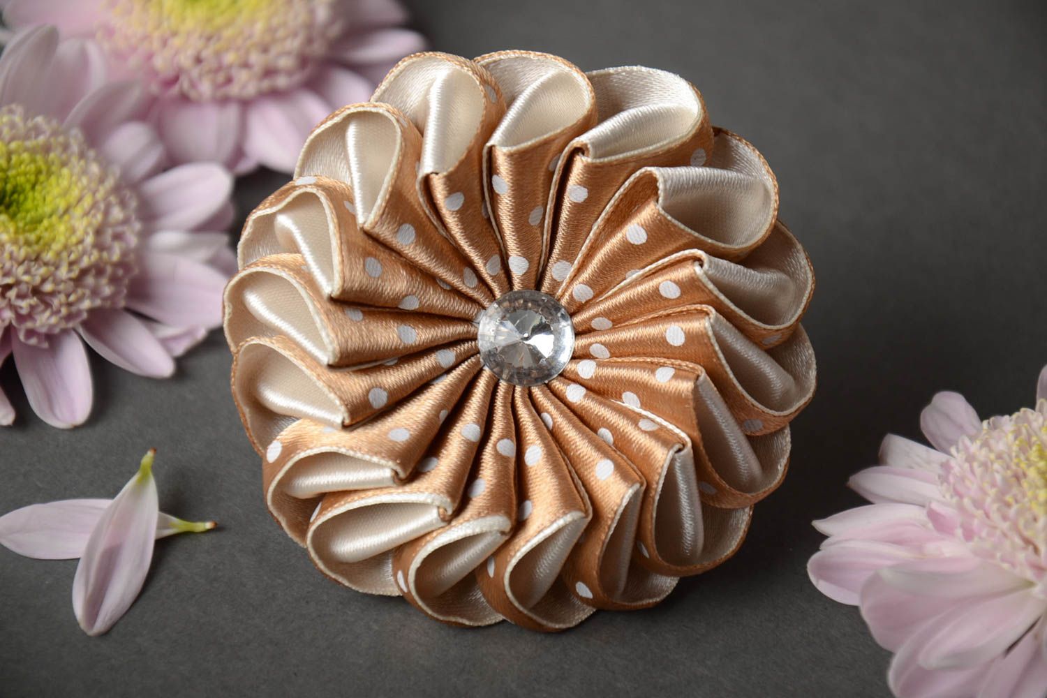 Handmade decorative hair band with satin ribbon kanzashi flower of coffee color photo 1