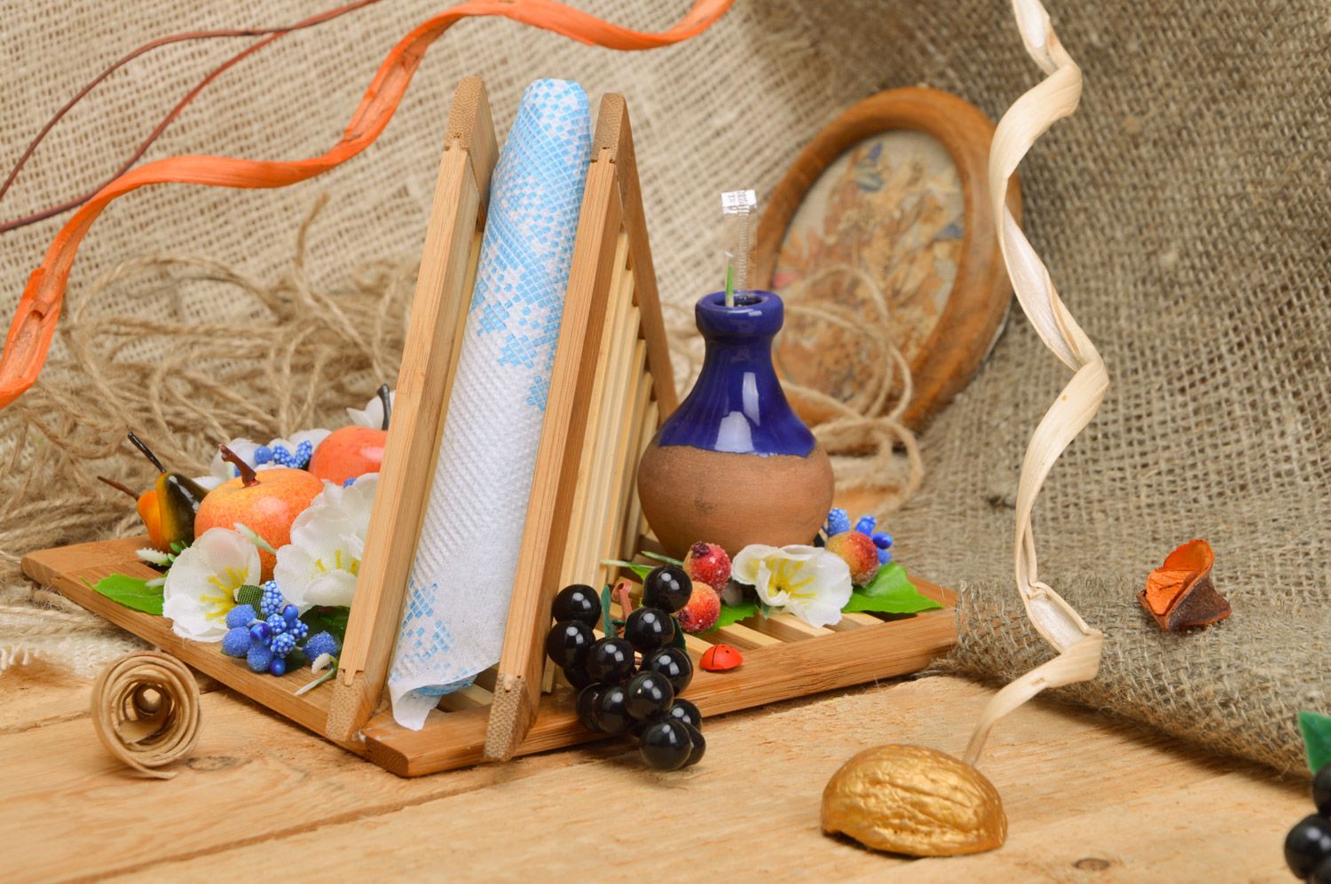 Handmade decorative wooden napkin holder with clay jug kitchen set photo 1