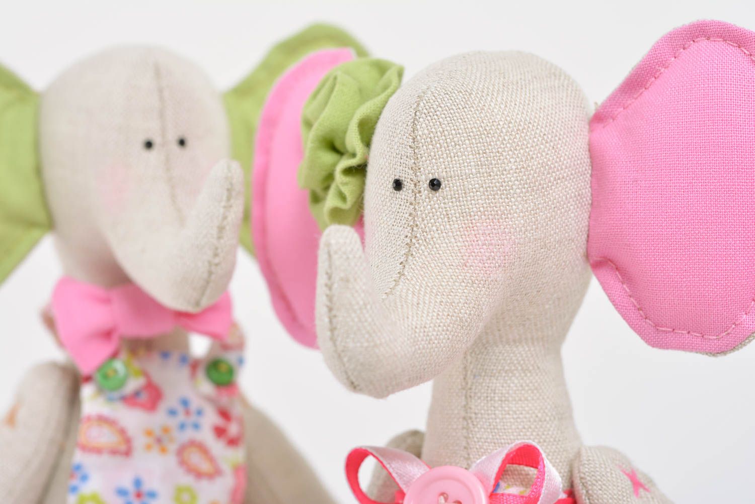 Handmade children's cotton and linen fabric soft toys set 2 pieces Elephants photo 4