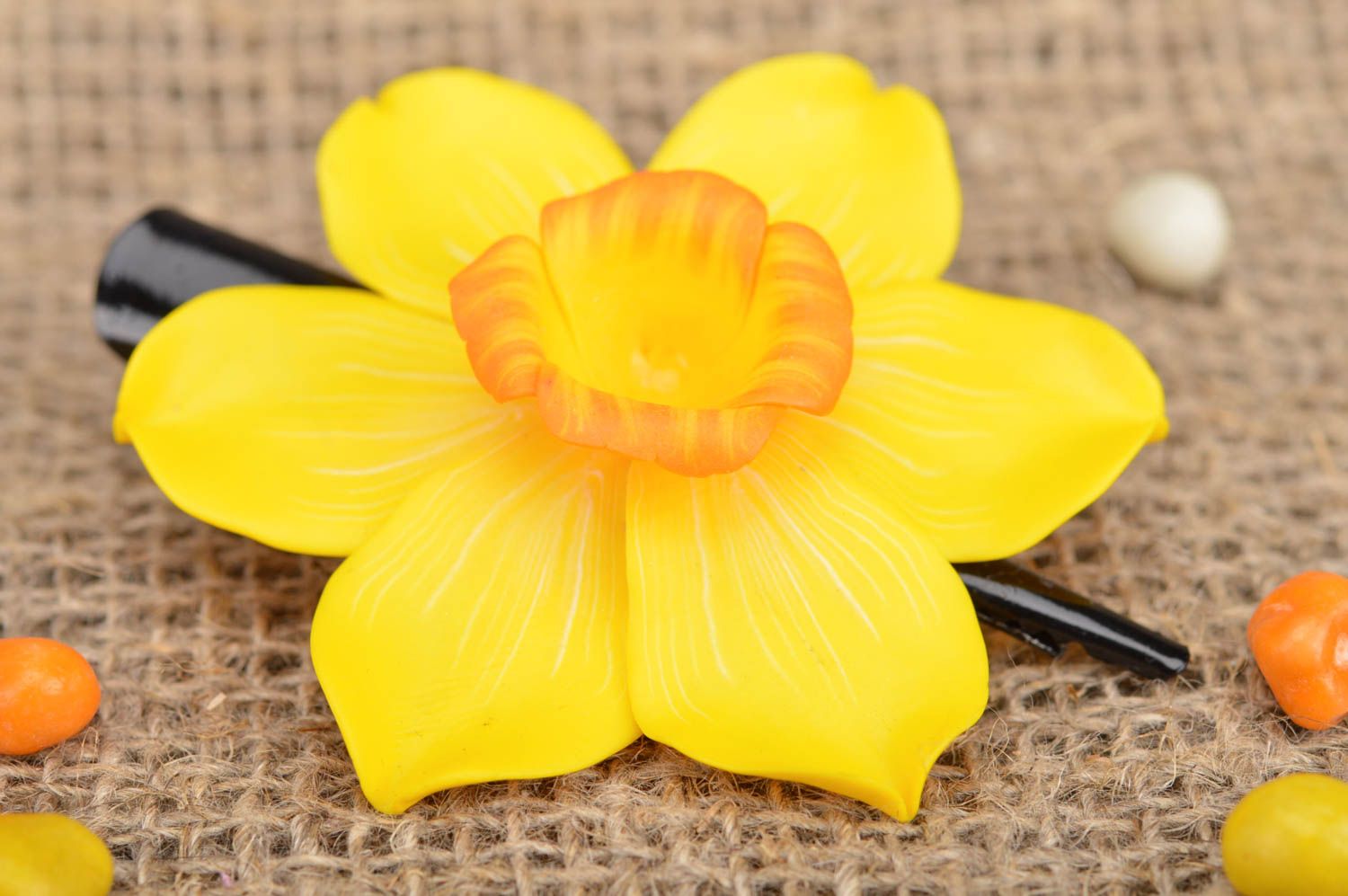 Yellow cute handmade hair clip with flowers made of polymer clay Narcissus photo 1