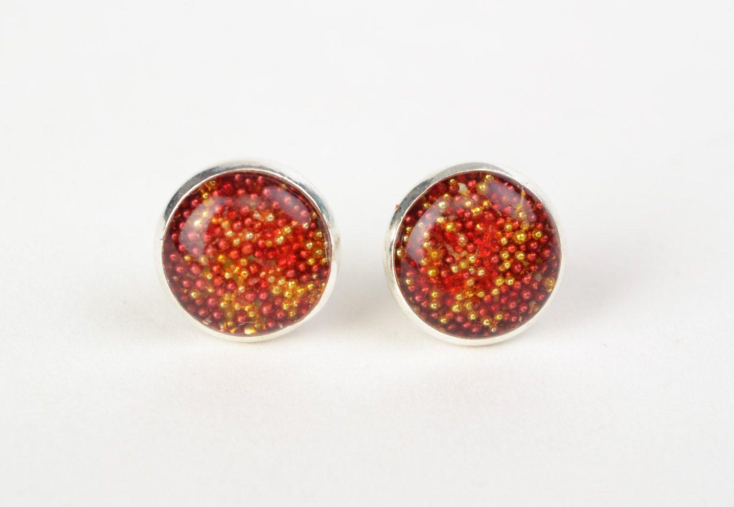 Handmade round epoxy resin stud earrings of red and yellow colors for women photo 3