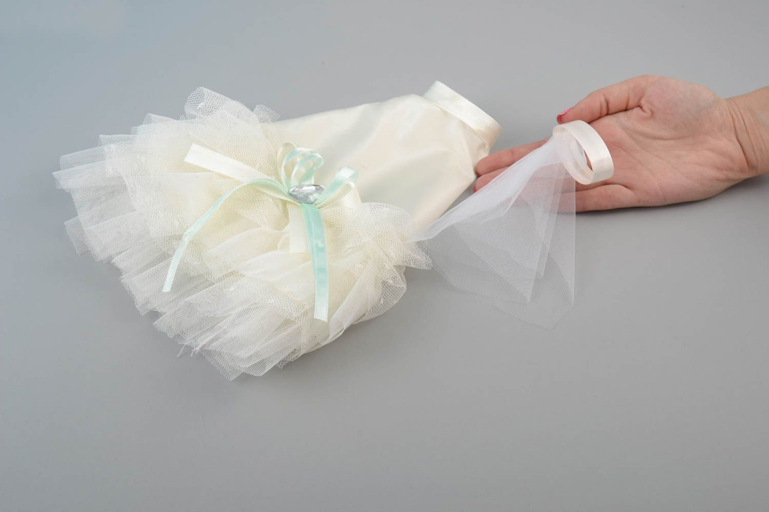 Handmade white clothes of bride for champagne bottle made of satin and veiling photo 5