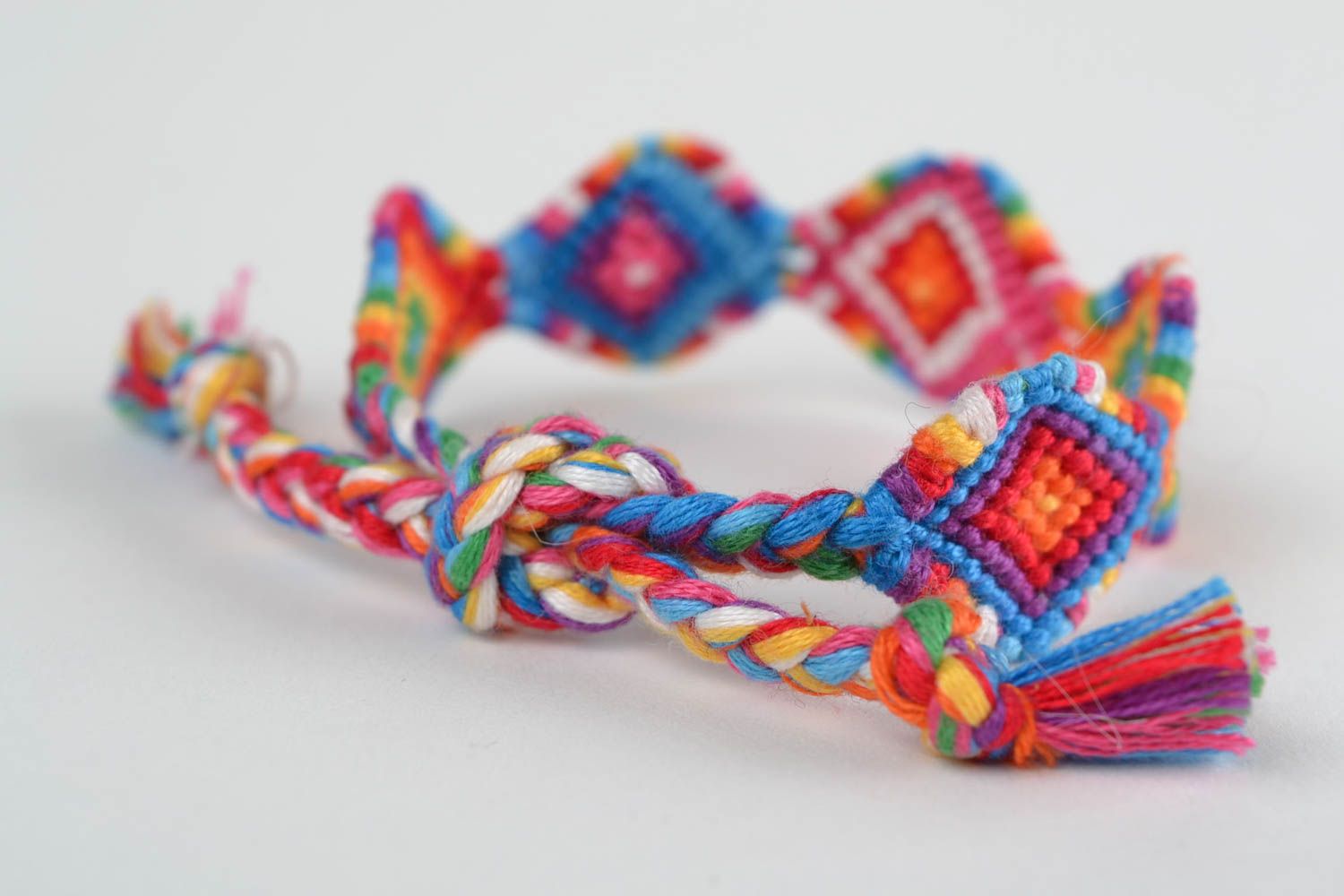 Unusual bright handmade macrame woven friendship bracelet with ties photo 4