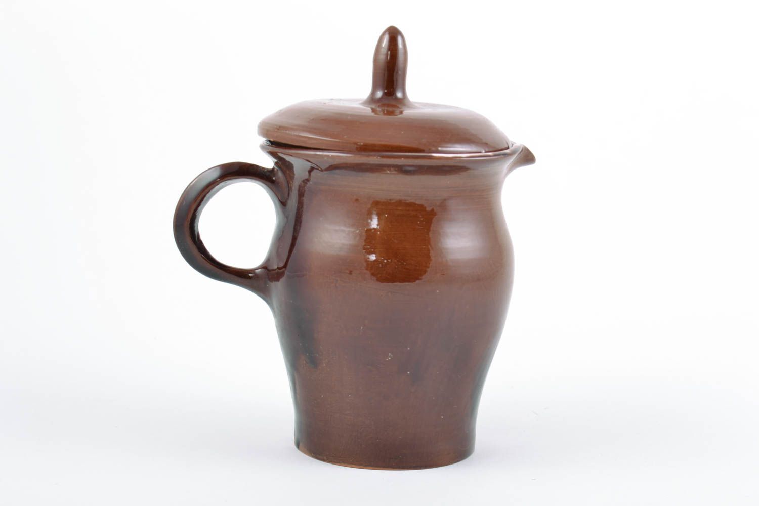 Handmade brauner Keramik Krug mit Deckel 1 L mit Glasur bemalt foto 2