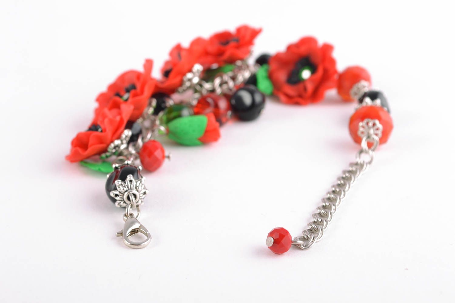 Volume red bracelet with polymer clay flowers photo 5