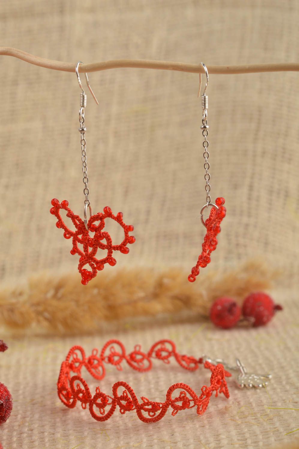 Handmade Schmuck Set in Rot Damen Armband Spitze Ohrringe Accessoires für Frauen foto 1