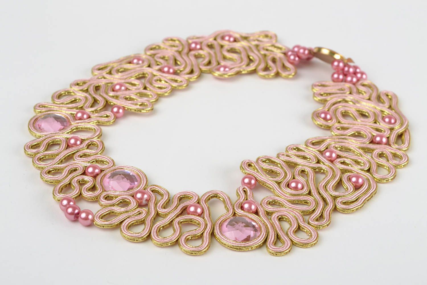 Beautiful handmade designer soutache necklace white with pink beads photo 2