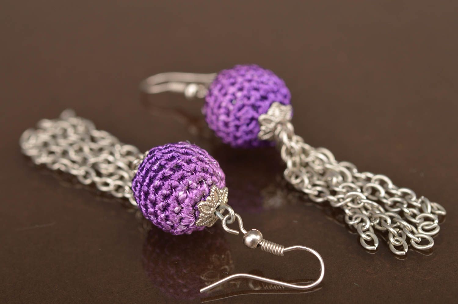 Beautiful homemade design long earrings with lilac crochet over beads and chains photo 3