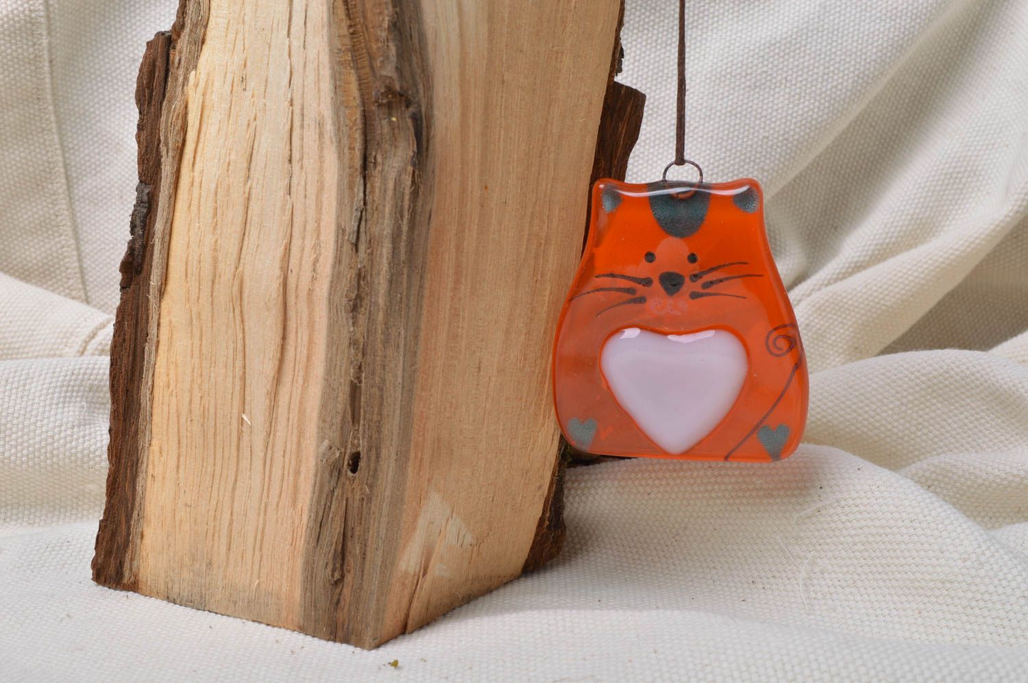 Handmade designer fused glass decorative wall hanging small orange cat photo 1