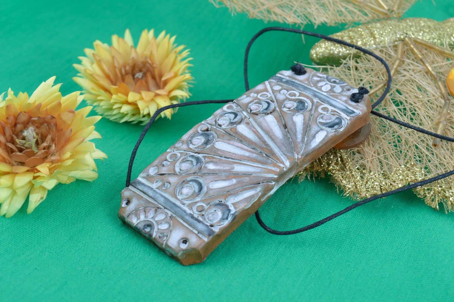 Handmade rectangular ceramic pendant necklace painted with acrylics on cord photo 1