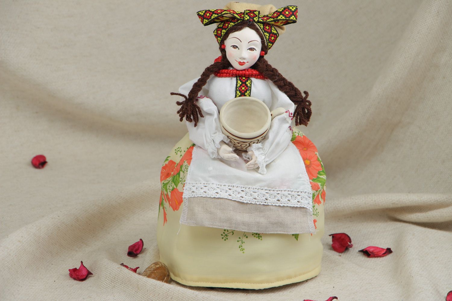 Beautiful handmade fabric teapot cozy Doll with Cup in Ukrainian style  photo 4
