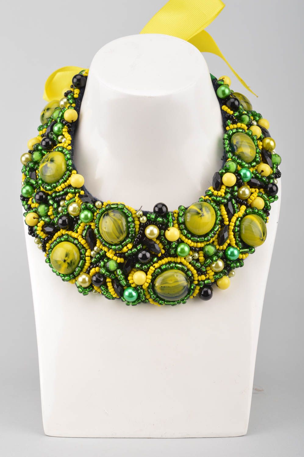 Handmade yellow and green necklace made of large and seed beads on ribbon  photo 1