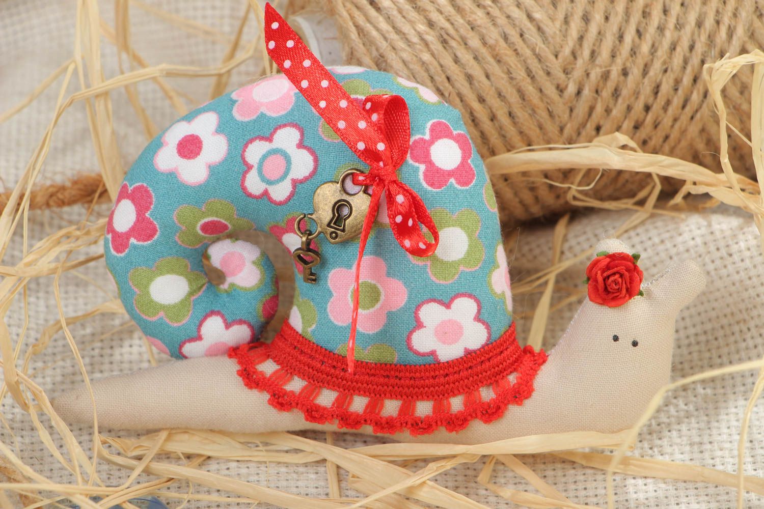 Handmade soft toy fridge magnet colorful snail with red lace sewn of cotton photo 1