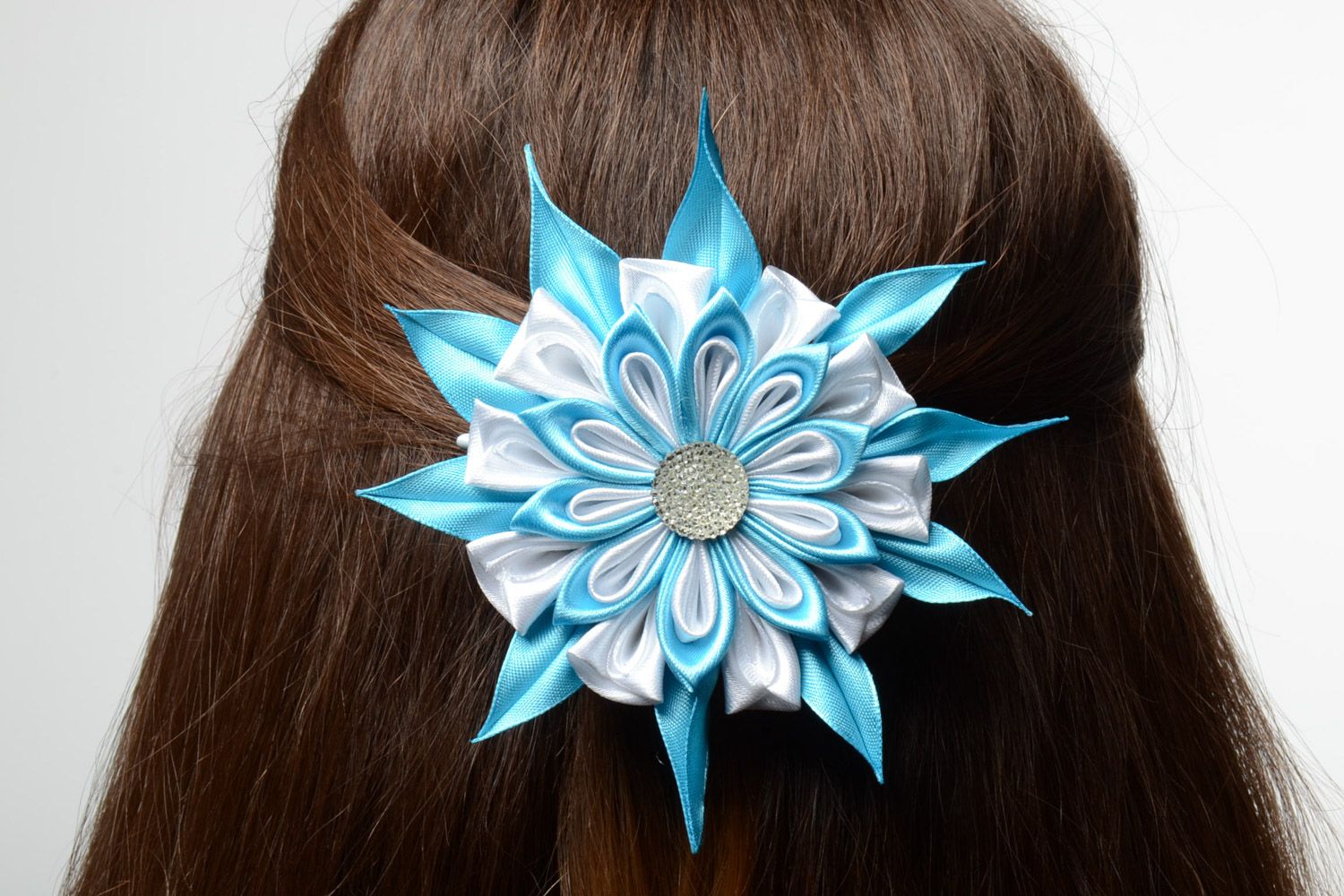 Handmade hair clip with large white and blue kanzashi flower with rhinestone photo 1