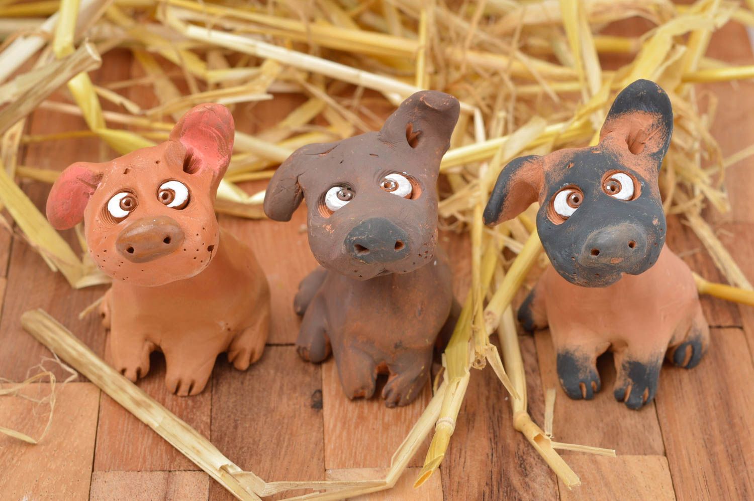 Handmade ceramic figurines 3 cute clay dogs unusual statuettes home decor photo 1