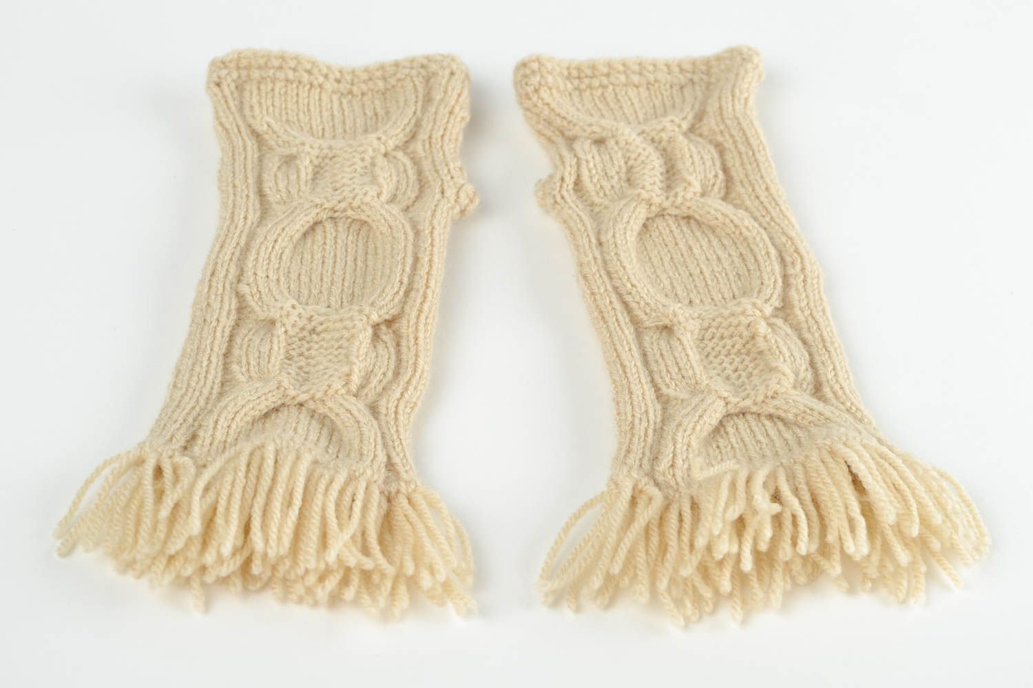 Mitaines tricot fait main Gants mitaines laine acrylique beige Accessoire femme photo 4